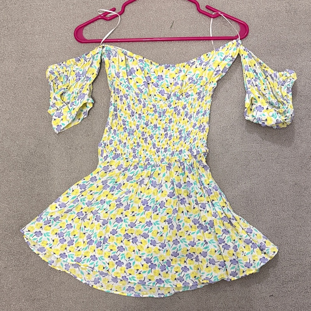 Skylar + Madison Floral Off-Shoulder Dress - Yellow, Purple, Green
